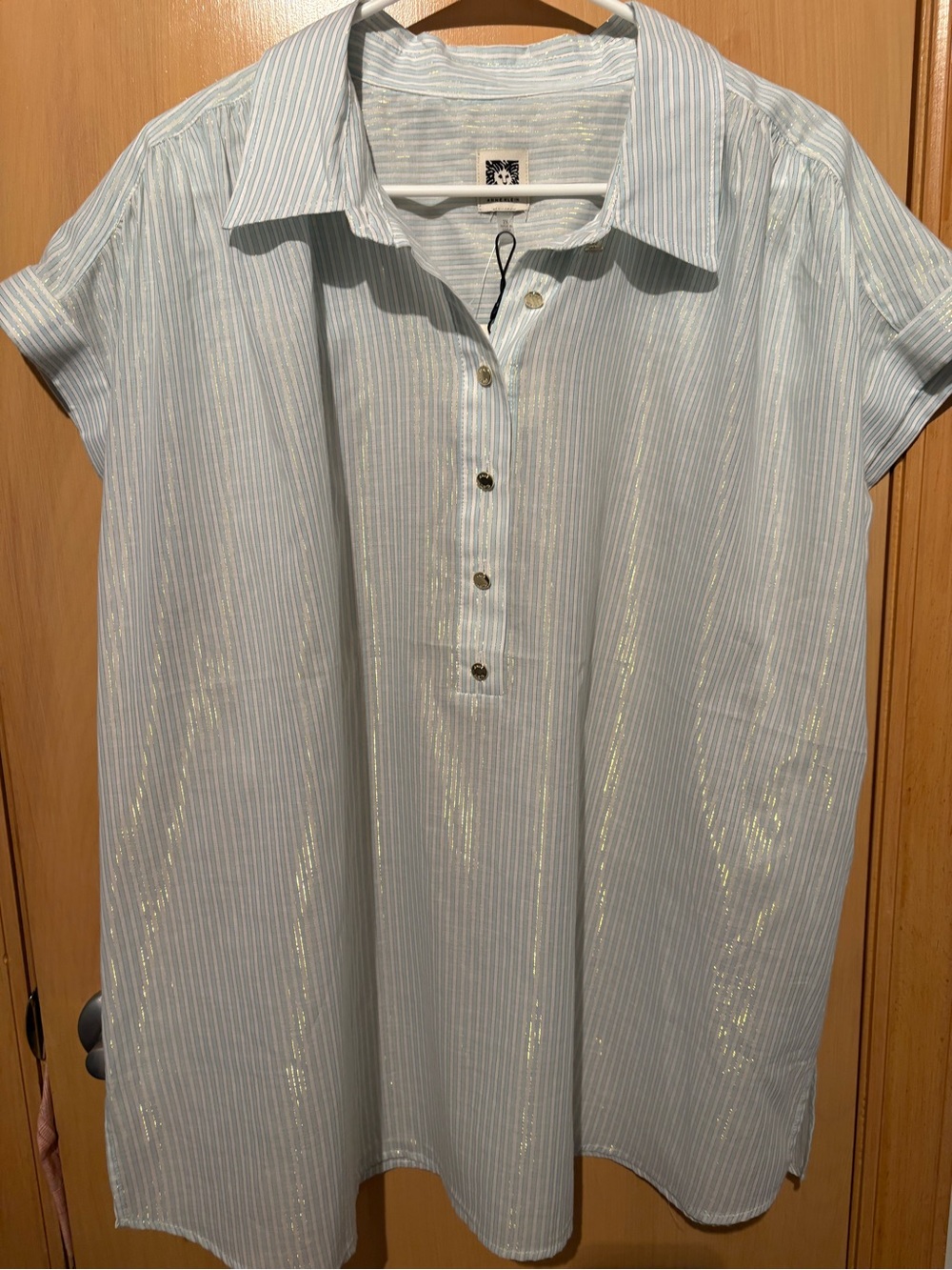 Anne Klein Light Blue & White Striped Metallic-Thread Blouse Lightweight 1X & 2X